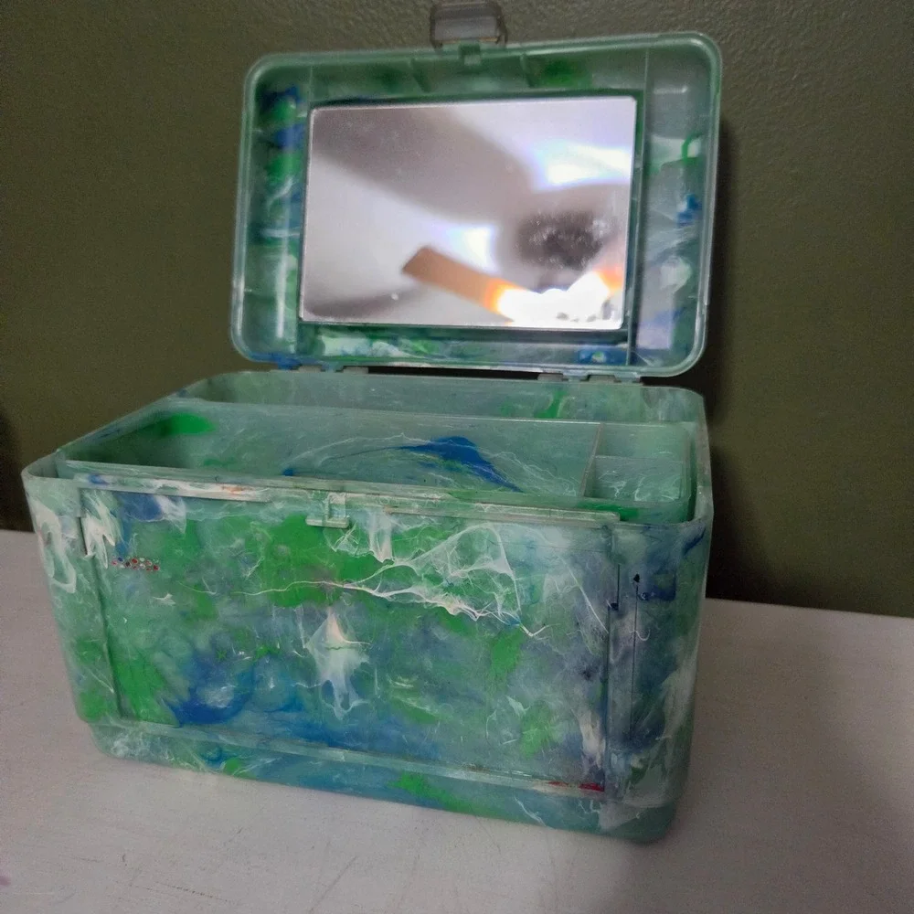 Caboodle Vintage Green Blue Marble Makeup Organizer Mirror Case